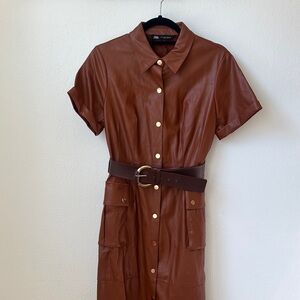 Zara Brown Faux Leather Button-Up Belted Dress